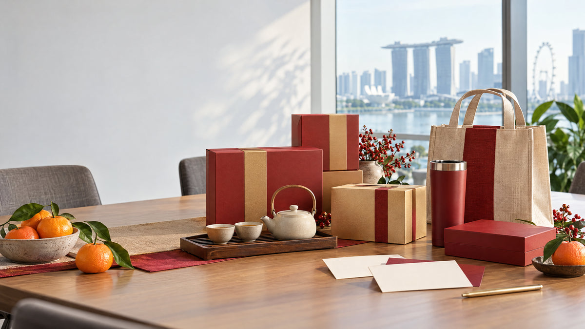 A refined corporate Chinese New Year gift-planning table with red and gold gift boxes, a tea set, reusable bag and stainless tumbler.