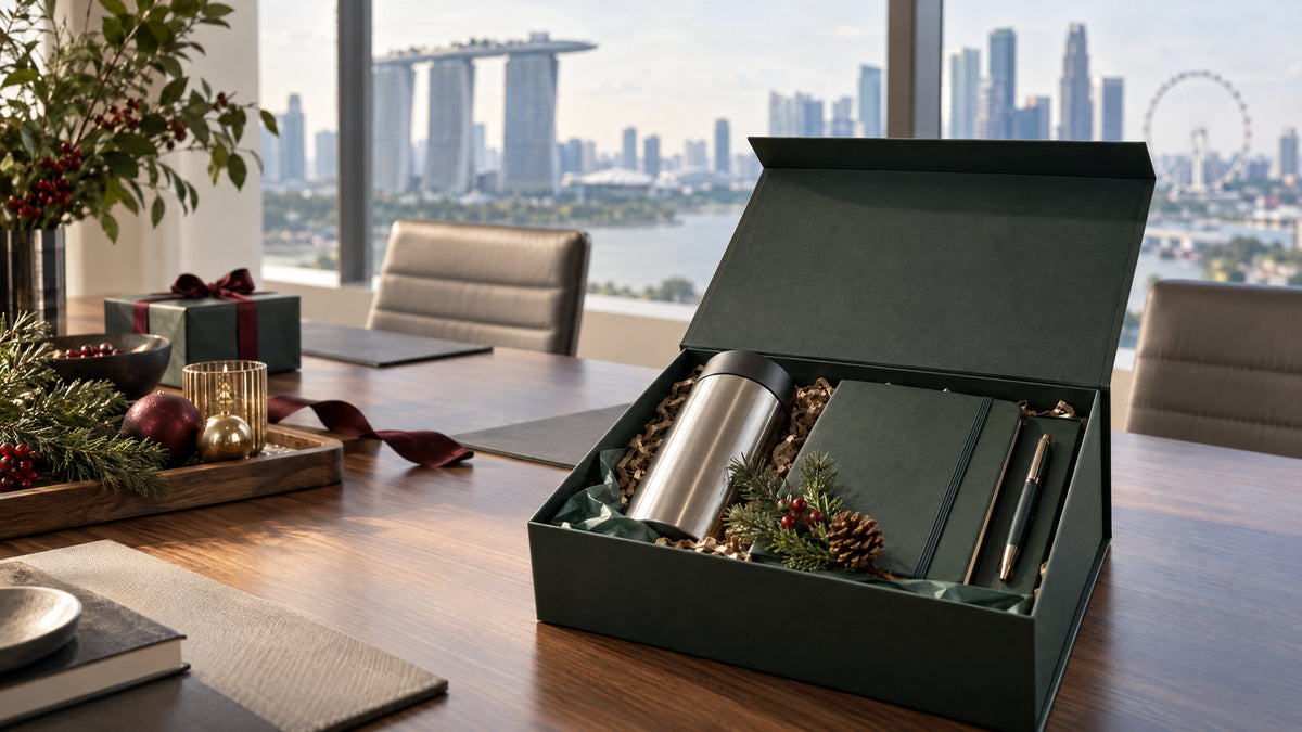 A premium unbranded corporate Christmas gift box with a tumbler, notebook and pen on a modern boardroom table.
